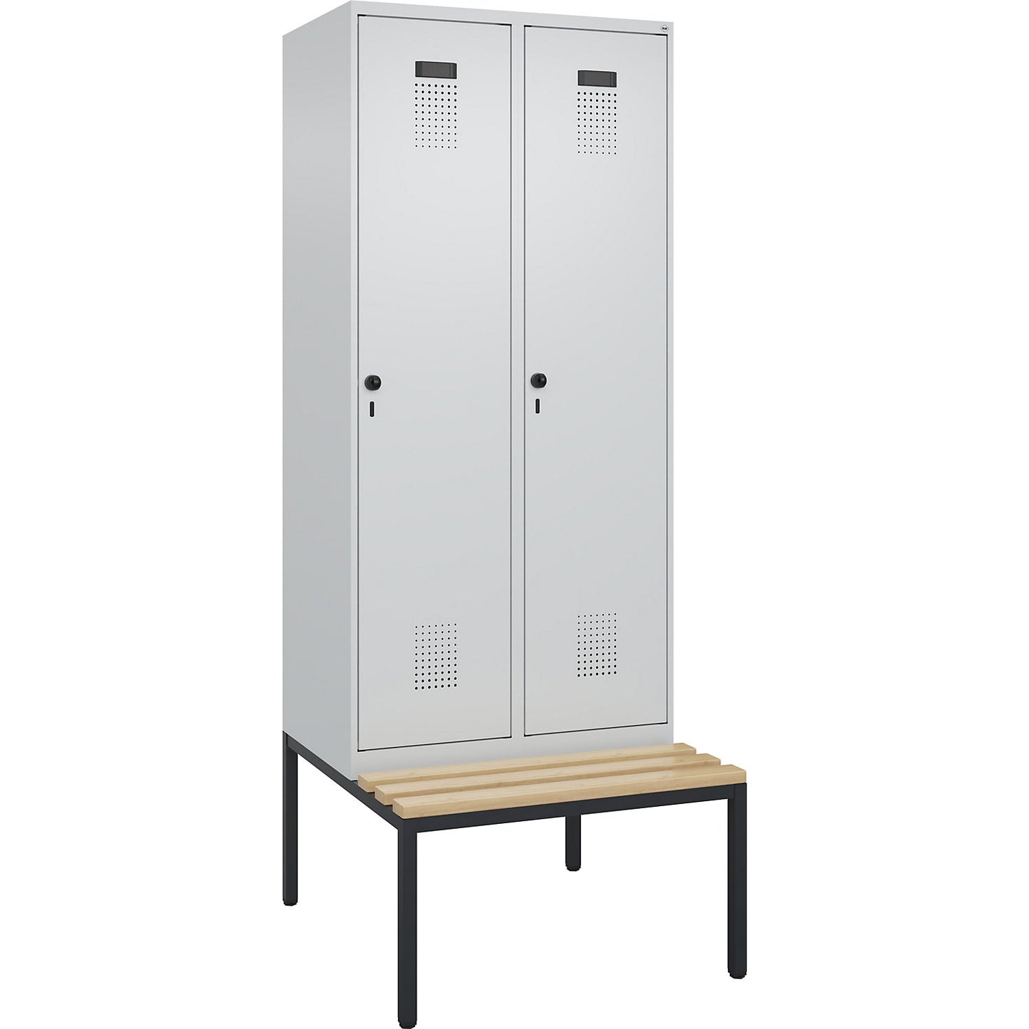 Evolo PLUS clean and dirty bench seat clothes locker, narrow, 2 compartments, shortened centre divider, light grey / light grey, W 800 mm, security rotary bolt, with bench fitted below, beech.