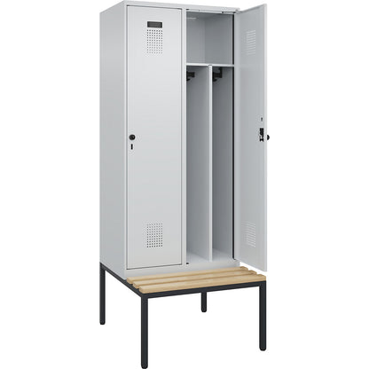 Evolo PLUS clean and dirty bench seat clothes locker, narrow, 2 compartments, shortened centre divider, light grey / light grey, W 800 mm, security rotary bolt, with bench fitted below, beech.