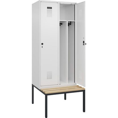 Evolo PLUS clean and dirty bench seat clothes locker, narrow, 2 compartments, shortened centre divider, white, W 800 mm, security rotary bolt, with bench fitted below, beech.