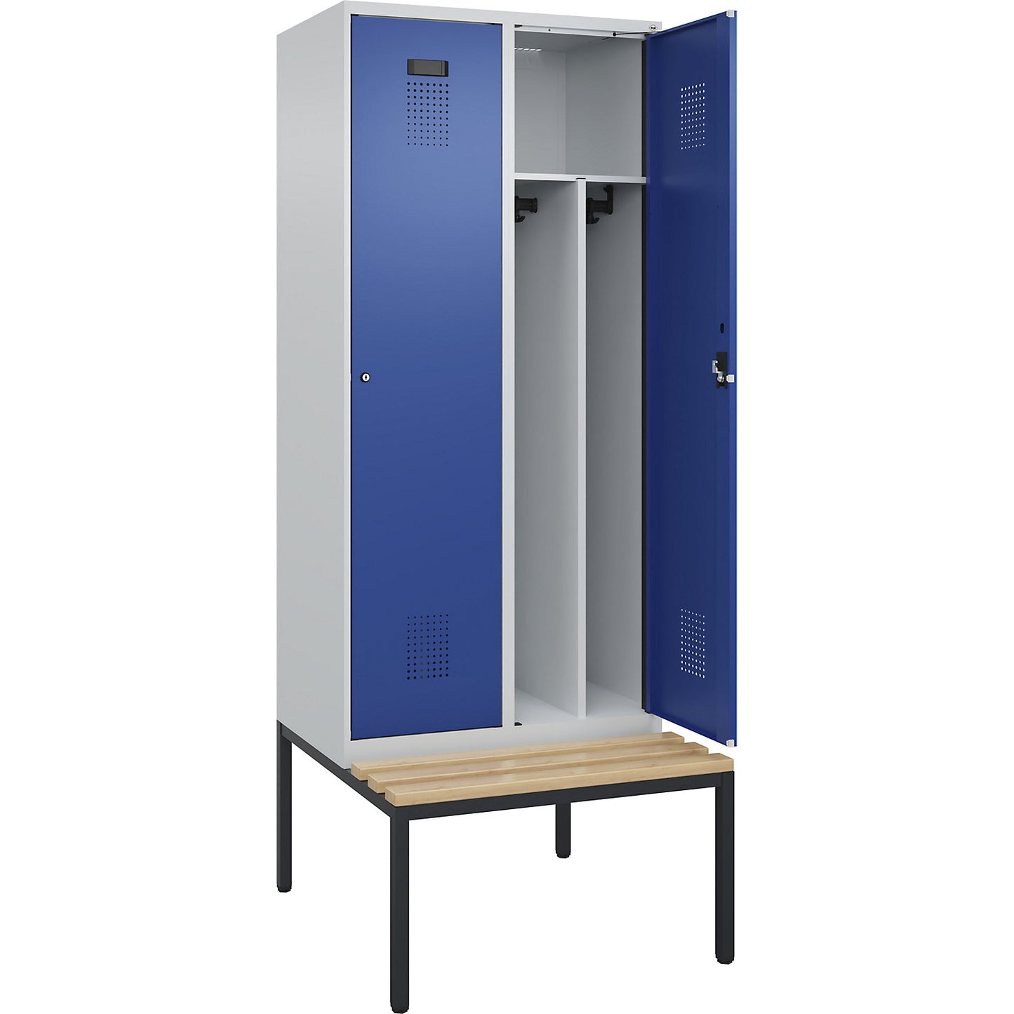 Evolo PLUS clean and dirty bench seat clothes locker, narrow, 2 compartments, shortened centre divider, light grey / gentian blue, W 800 mm, cylinder lock, with bench fitted below, beech.