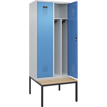 Evolo PLUS clean and dirty bench seat clothes locker, narrow, 2 compartments, shortened centre divider, light grey / light blue, W 800 mm, cylinder lock, with bench fitted below, beech.