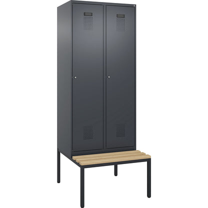 Evolo PLUS clean and dirty bench seat clothes locker, narrow, 2 compartments, shortened centre divider, grey, W 800 mm, cylinder lock, with bench fitted below, beech.