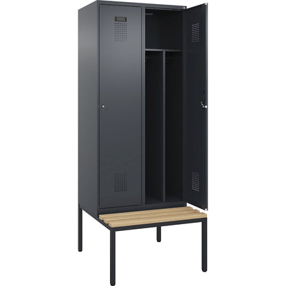 Evolo PLUS clean and dirty bench seat clothes locker, narrow, 2 compartments, shortened centre divider, grey, W 800 mm, cylinder lock, with bench fitted below, beech.