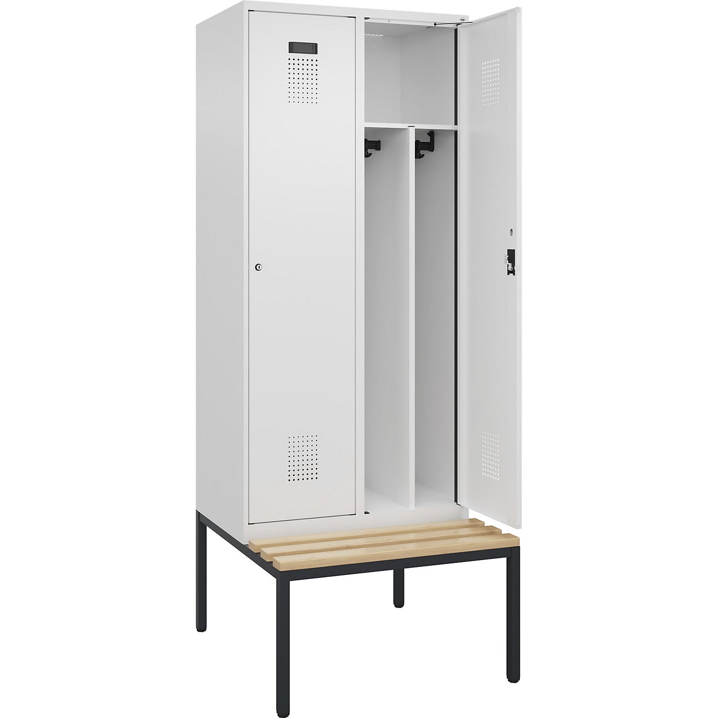 Evolo PLUS clean and dirty bench seat clothes locker, narrow, 2 compartments, shortened centre divider, white, W 800 mm, cylinder lock, with bench fitted below, beech.