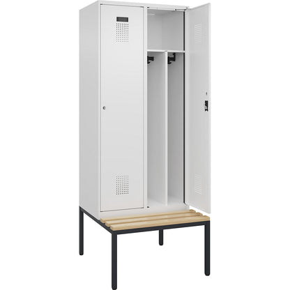 Evolo PLUS clean and dirty bench seat clothes locker, narrow, 2 compartments, shortened centre divider, white, W 800 mm, cylinder lock, with bench fitted below, beech.