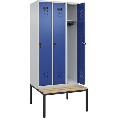 Evolo PLUS bench seat locker, 3 compartments, light grey / gentian blue, W 900 mm, security rotary bolt, with bench fitted below, beech.