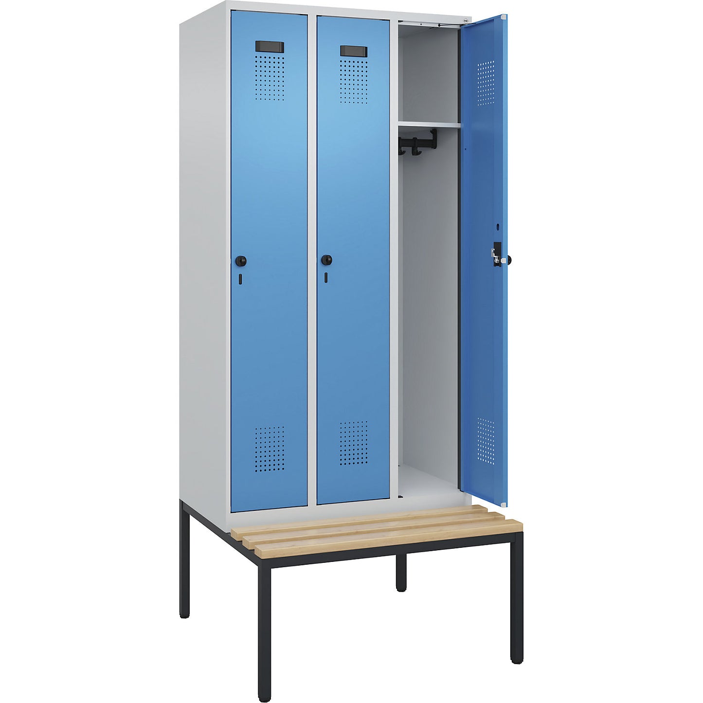 Evolo PLUS bench seat locker, 3 compartments, light grey / light blue, W 900 mm, security rotary bolt, with bench fitted below, beech.