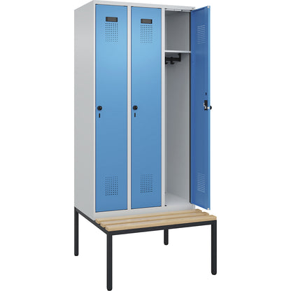 Evolo PLUS bench seat locker, 3 compartments, light grey / light blue, W 900 mm, security rotary bolt, with bench fitted below, beech.