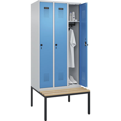 Evolo PLUS bench seat locker, 3 compartments, light grey / light blue, W 900 mm, security rotary bolt, with bench fitted below, beech.