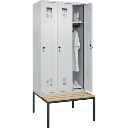 Evolo PLUS bench seat locker, 3 compartments, light grey / light grey, W 900 mm, security rotary bolt, with bench fitted below, beech.