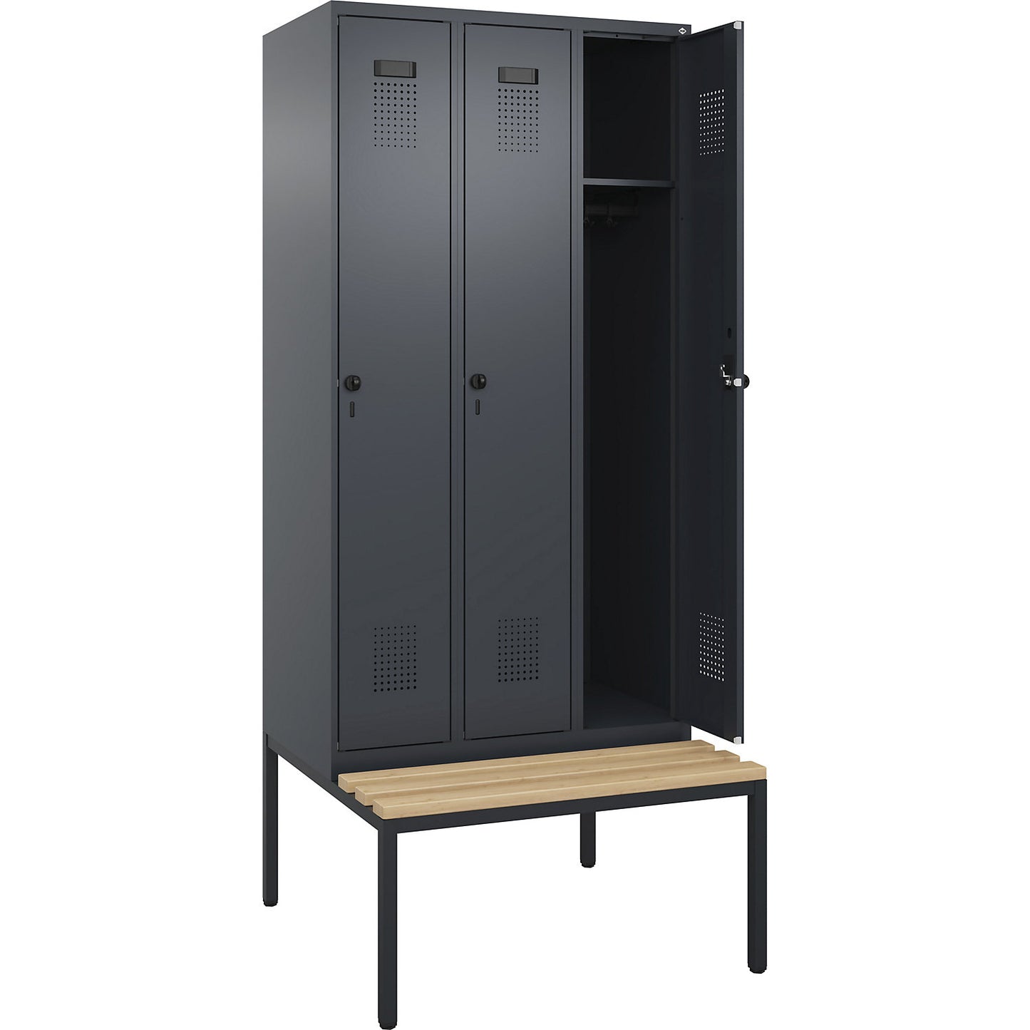 Evolo PLUS bench seat locker, 3 compartments, grey, W 900 mm, security rotary bolt, with bench fitted below, beech.