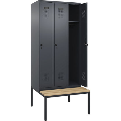 Evolo PLUS bench seat locker, 3 compartments, grey, W 900 mm, security rotary bolt, with bench fitted below, beech.