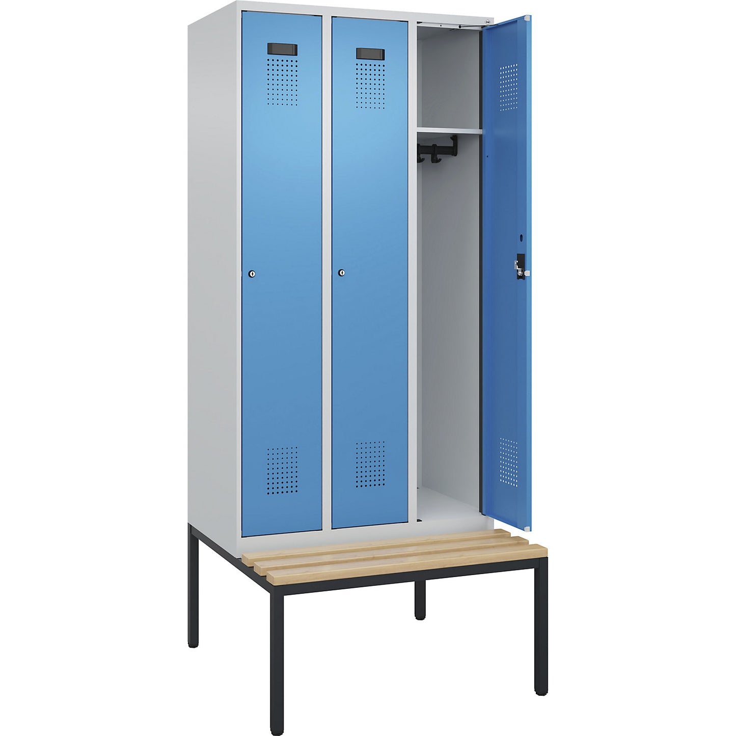 Evolo PLUS bench seat locker, 3 compartments, light grey / light blue, W 900 mm, cylinder lock, with bench fitted below, beech.