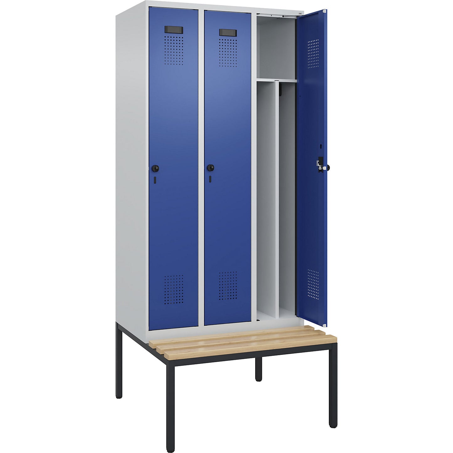 Evolo PLUS clean and dirty bench seat clothes locker, narrow, 3 compartments, shortened centre divider, light grey / gentian blue, W 900 mm, security rotary bolt, with bench fitted below, beech.