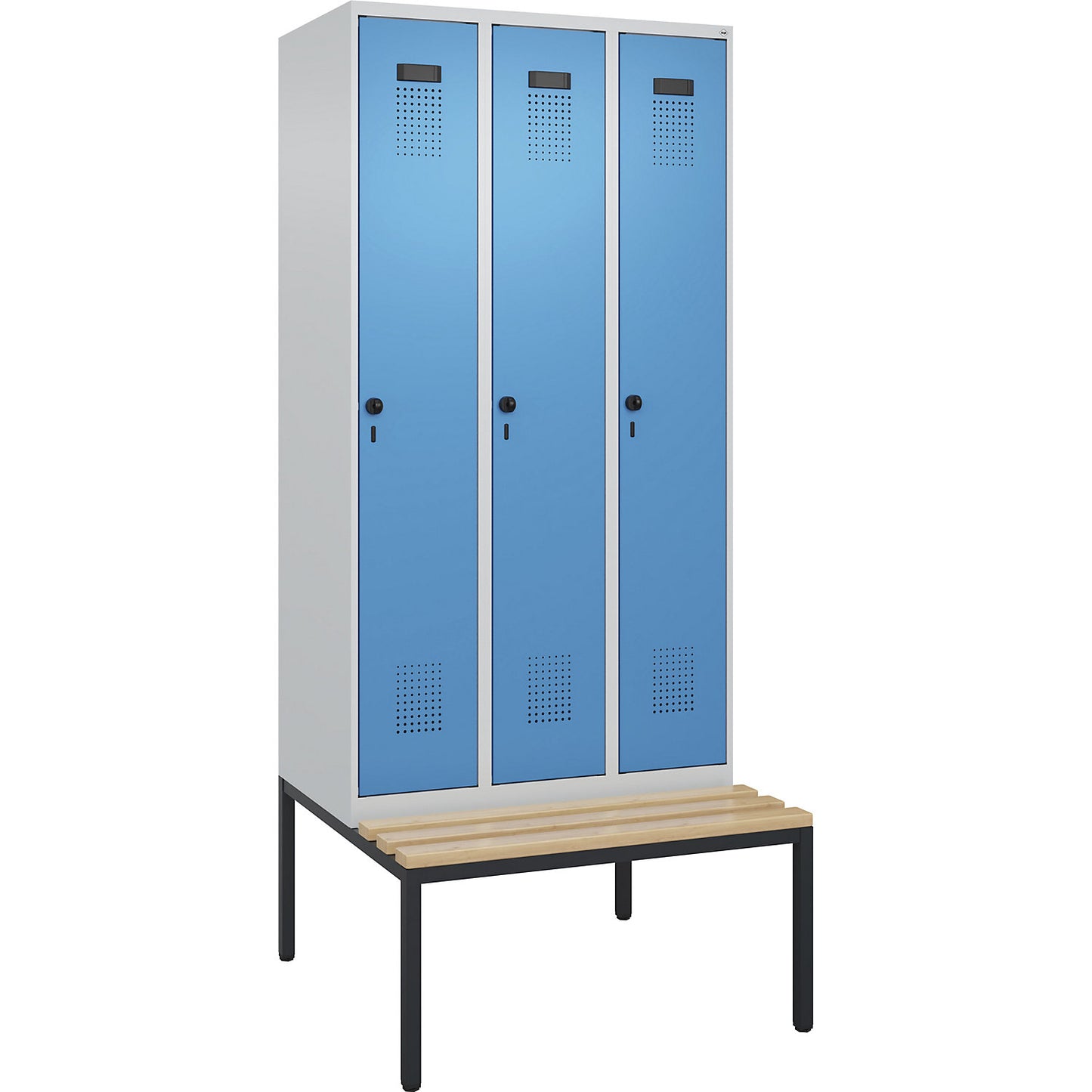 Evolo PLUS clean and dirty bench seat clothes locker, narrow, 3 compartments, shortened centre divider, light grey / light blue, W 900 mm, security rotary bolt, with bench fitted below, beech.