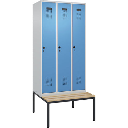 Evolo PLUS clean and dirty bench seat clothes locker, narrow, 3 compartments, shortened centre divider, light grey / light blue, W 900 mm, security rotary bolt, with bench fitted below, beech.