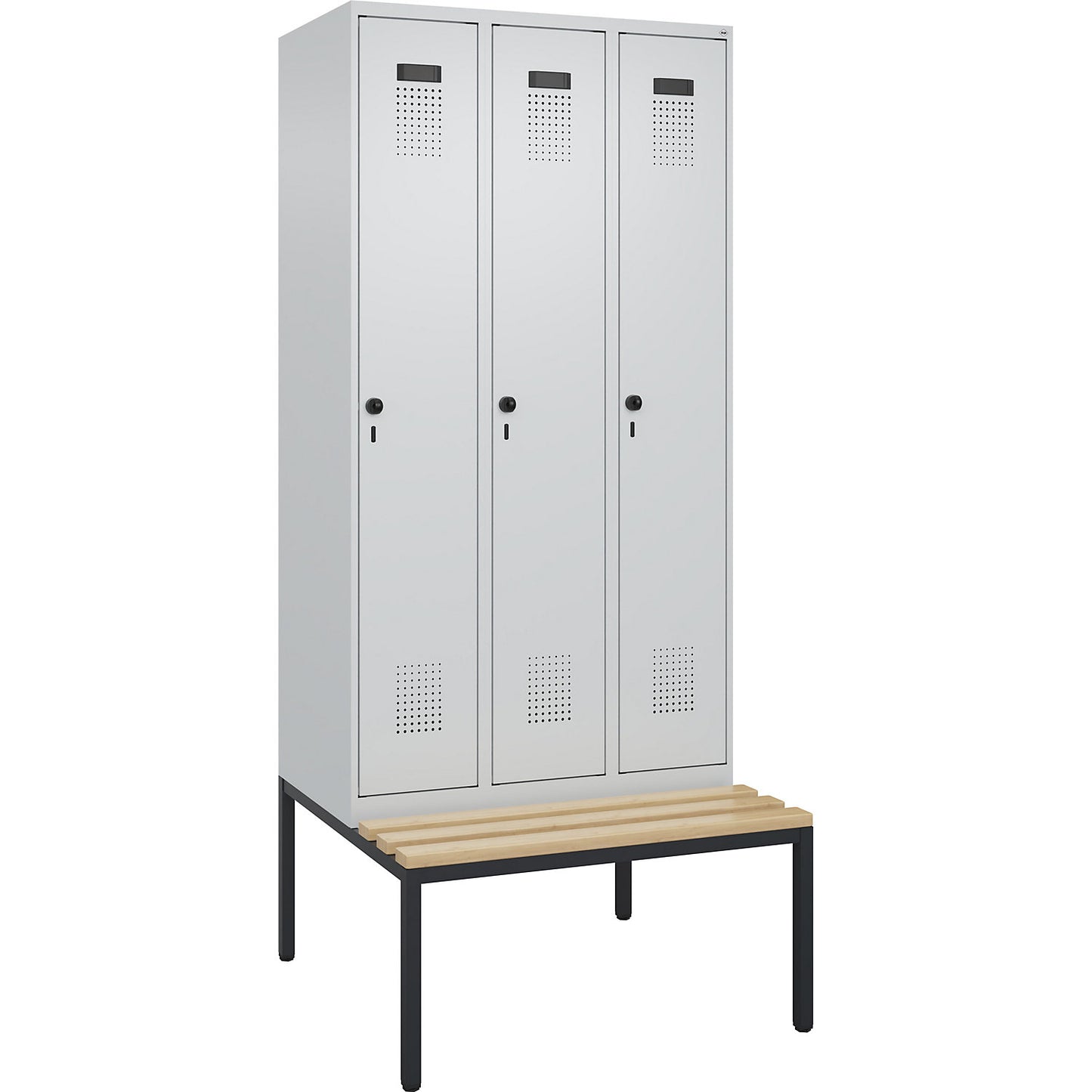 Evolo PLUS clean and dirty bench seat clothes locker, narrow, 3 compartments, shortened centre divider, light grey / light grey, W 900 mm, security rotary bolt, with bench fitted below, beech.