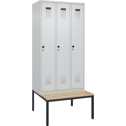 Evolo PLUS clean and dirty bench seat clothes locker, narrow, 3 compartments, shortened centre divider, light grey / light grey, W 900 mm, security rotary bolt, with bench fitted below, beech.