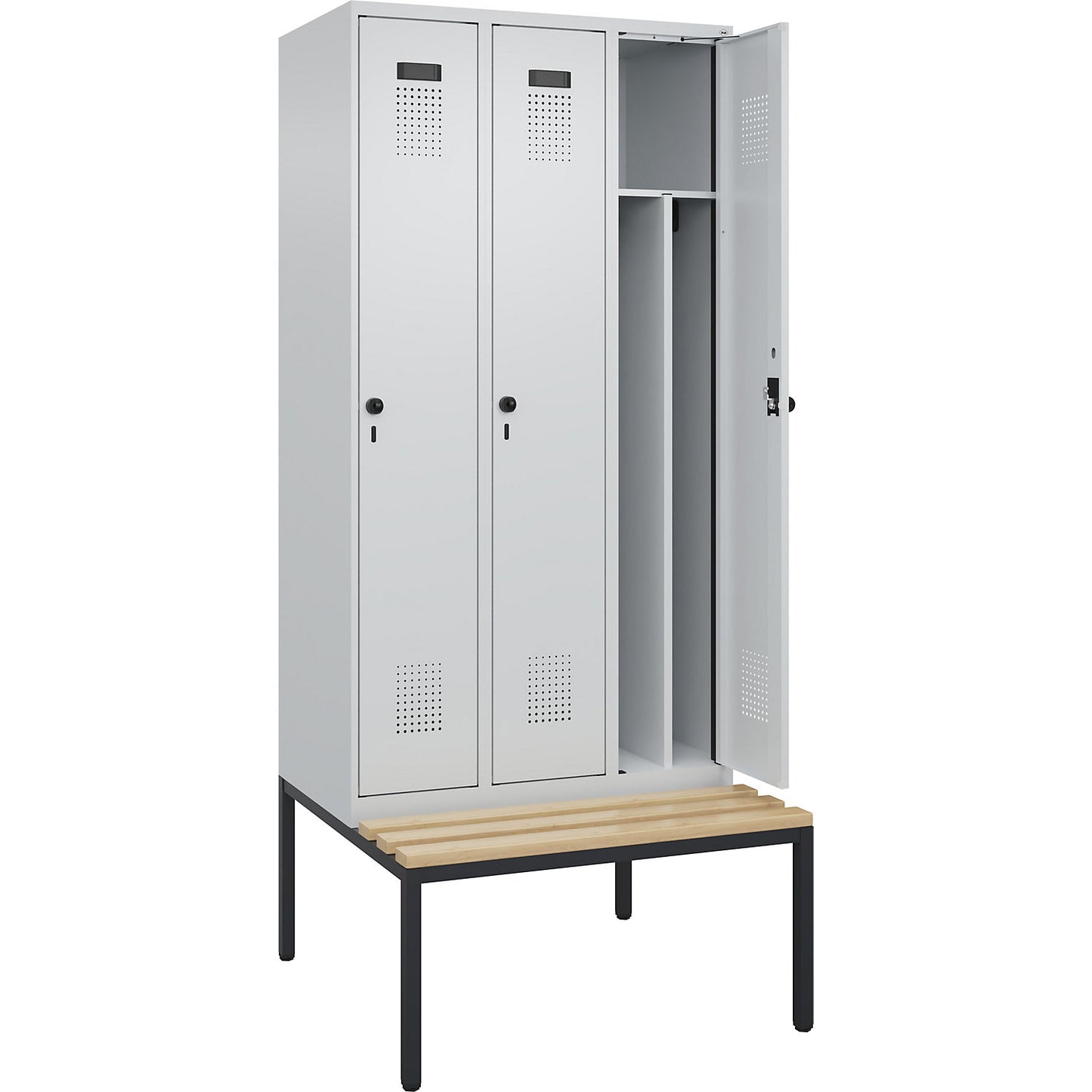 Evolo PLUS clean and dirty bench seat clothes locker, narrow, 3 compartments, shortened centre divider, light grey / light grey, W 900 mm, security rotary bolt, with bench fitted below, beech.