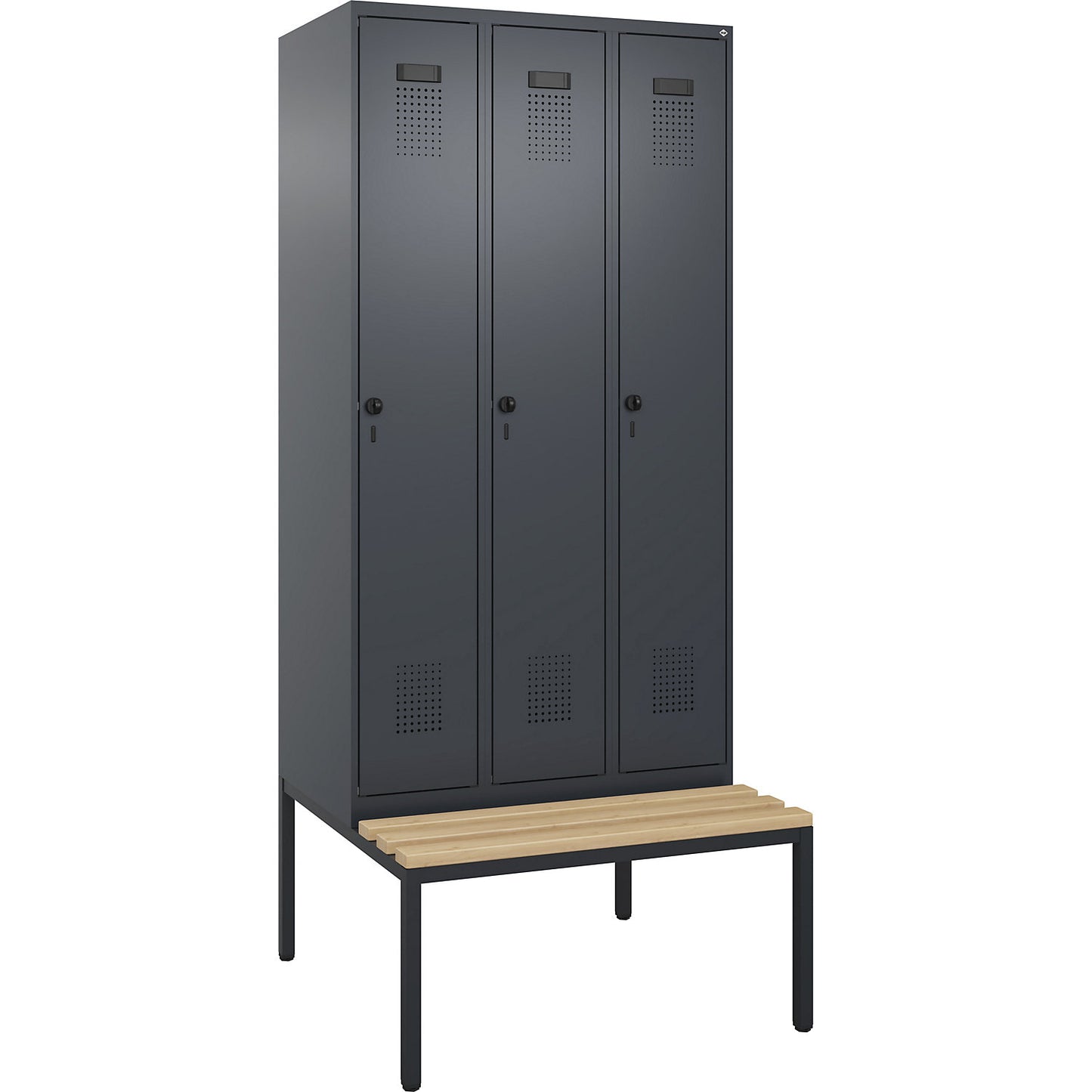 Evolo PLUS clean and dirty bench seat clothes locker, narrow, 3 compartments, shortened centre divider, grey, W 900 mm, security rotary bolt, with bench fitted below, beech.