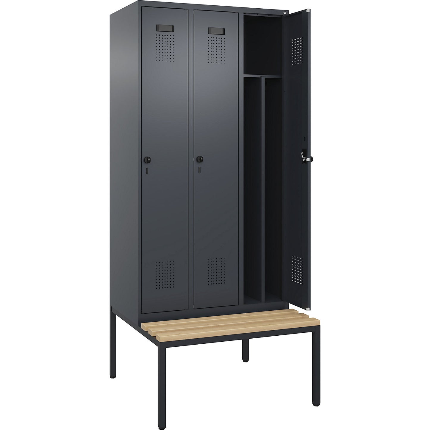 Evolo PLUS clean and dirty bench seat clothes locker, narrow, 3 compartments, shortened centre divider, grey, W 900 mm, security rotary bolt, with bench fitted below, beech.