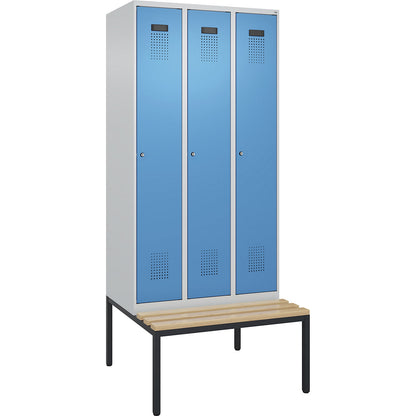 Evolo PLUS clean and dirty bench seat clothes locker, narrow, 3 compartments, shortened centre divider, light grey / light blue, W 900 mm, cylinder lock, with bench fitted below, beech.