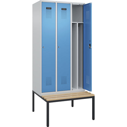Evolo PLUS clean and dirty bench seat clothes locker, narrow, 3 compartments, shortened centre divider, light grey / light blue, W 900 mm, cylinder lock, with bench fitted below, beech.