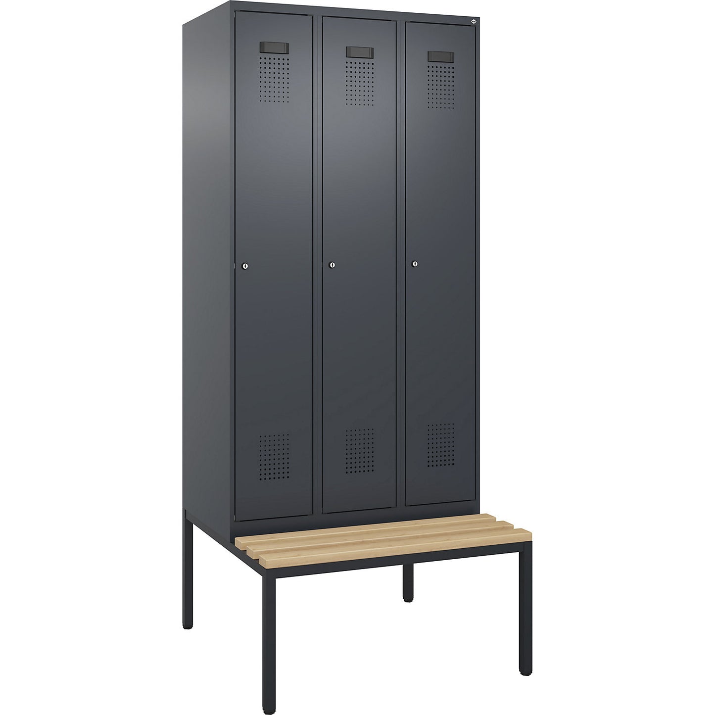Evolo PLUS clean and dirty bench seat clothes locker, narrow, 3 compartments, shortened centre divider, grey, W 900 mm, cylinder lock, with bench fitted below, beech.