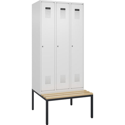 Evolo PLUS clean and dirty bench seat clothes locker, narrow, 3 compartments, shortened centre divider, white, W 900 mm, cylinder lock, with bench fitted below, beech.