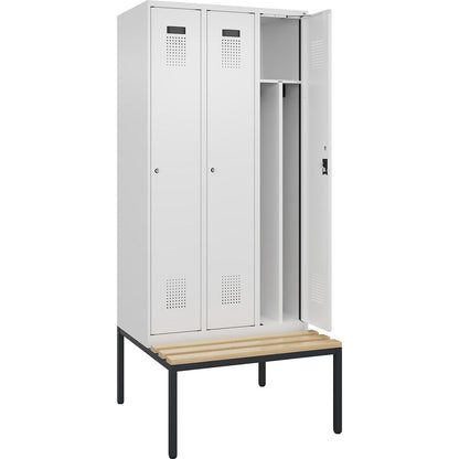 Evolo PLUS clean and dirty bench seat clothes locker, narrow, 3 compartments, shortened centre divider, white, W 900 mm, cylinder lock, with bench fitted below, beech.