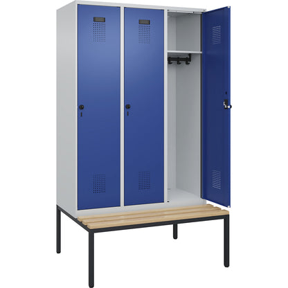 Evolo PLUS bench seat locker, 3 compartments, light grey / gentian blue, W 1200 mm, security rotary bolt, with bench fitted below, beech.