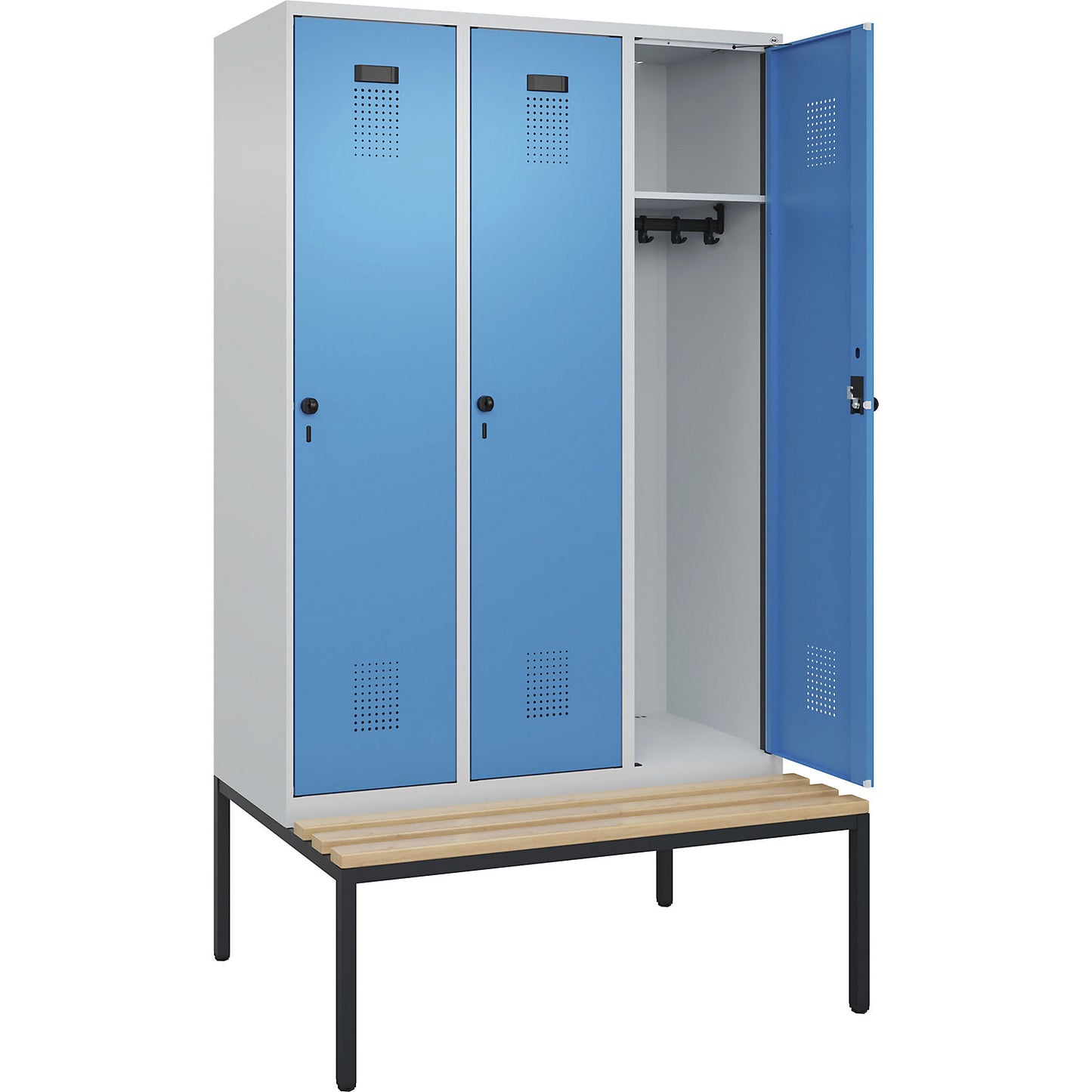 Evolo PLUS bench seat locker, 3 compartments, light grey / light blue, W 1200 mm, security rotary bolt, with bench fitted below, beech.