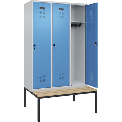 Evolo PLUS bench seat locker, 3 compartments, light grey / light blue, W 1200 mm, security rotary bolt, with bench fitted below, beech.