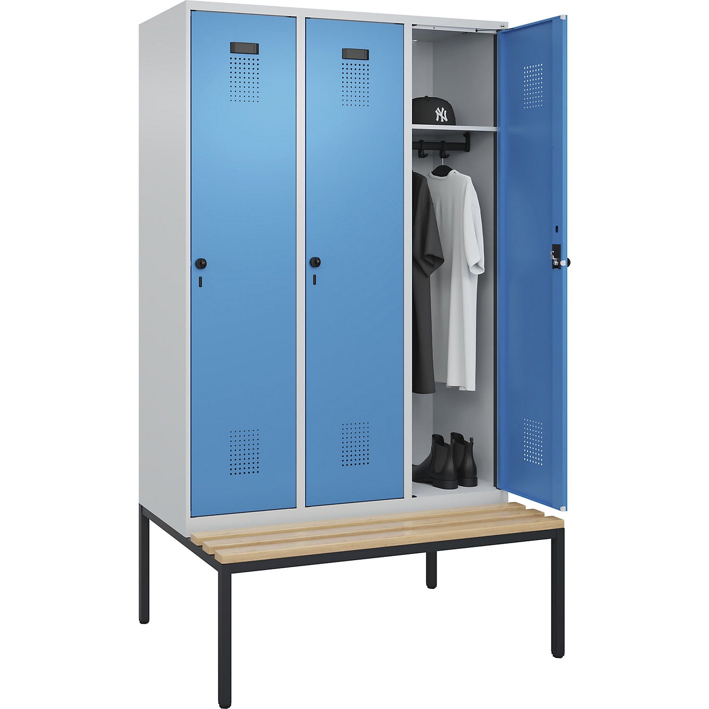 Evolo PLUS bench seat locker, 3 compartments, light grey / light blue, W 1200 mm, security rotary bolt, with bench fitted below, beech.
