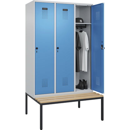 Evolo PLUS bench seat locker, 3 compartments, light grey / light blue, W 1200 mm, security rotary bolt, with bench fitted below, beech.