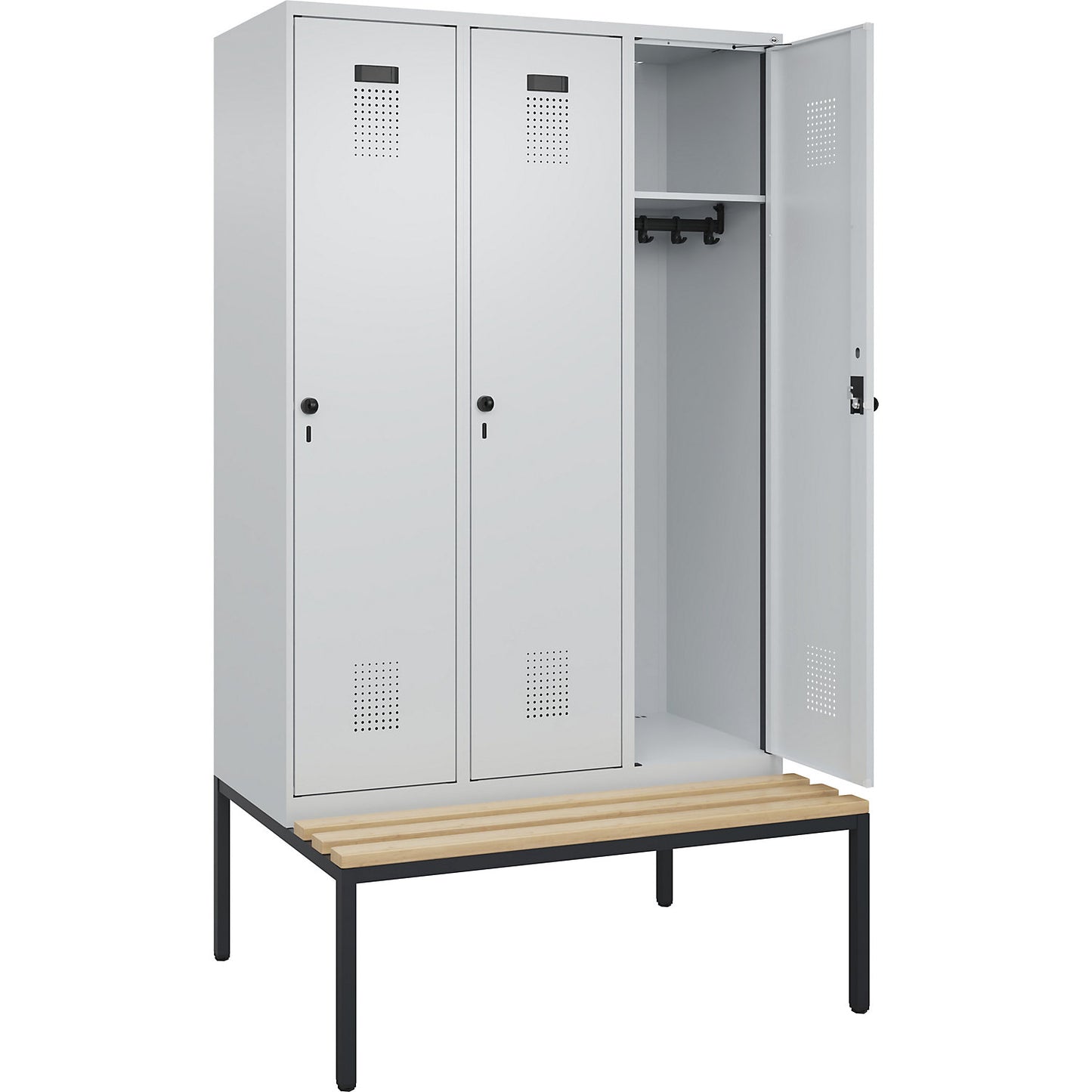 Evolo PLUS bench seat locker, 3 compartments, light grey / light grey, W 1200 mm, security rotary bolt, with bench fitted below, beech.