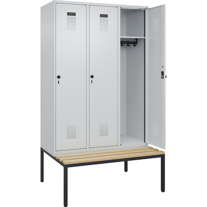 Evolo PLUS bench seat locker, 3 compartments, light grey / light grey, W 1200 mm, security rotary bolt, with bench fitted below, beech.