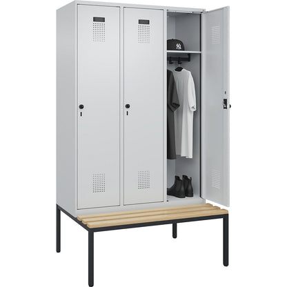 Evolo PLUS bench seat locker, 3 compartments, light grey / light grey, W 1200 mm, security rotary bolt, with bench fitted below, beech.