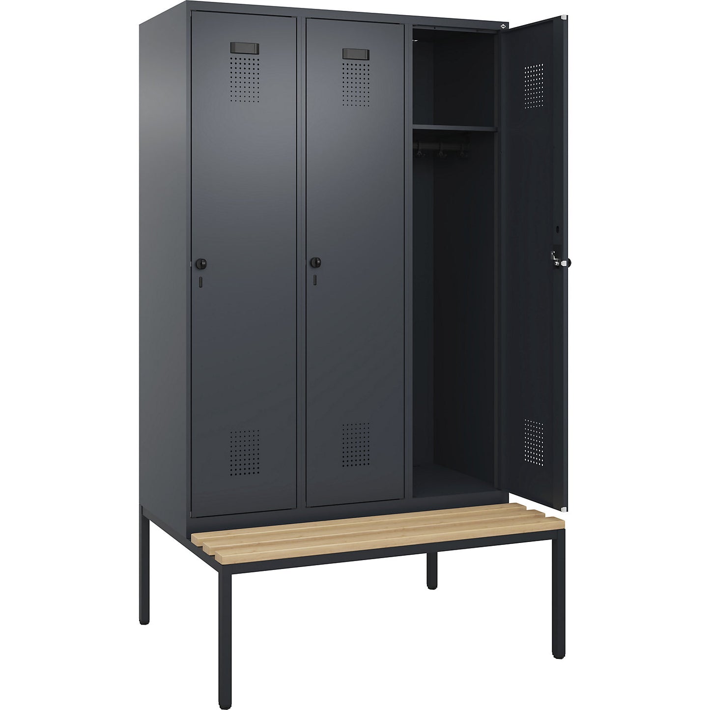 Evolo PLUS bench seat locker, 3 compartments, grey, W 1200 mm, security rotary bolt, with bench fitted below, beech.