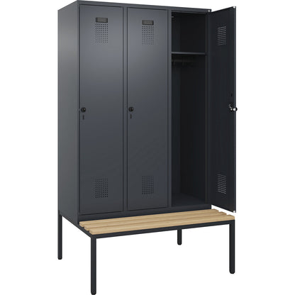 Evolo PLUS bench seat locker, 3 compartments, grey, W 1200 mm, security rotary bolt, with bench fitted below, beech.