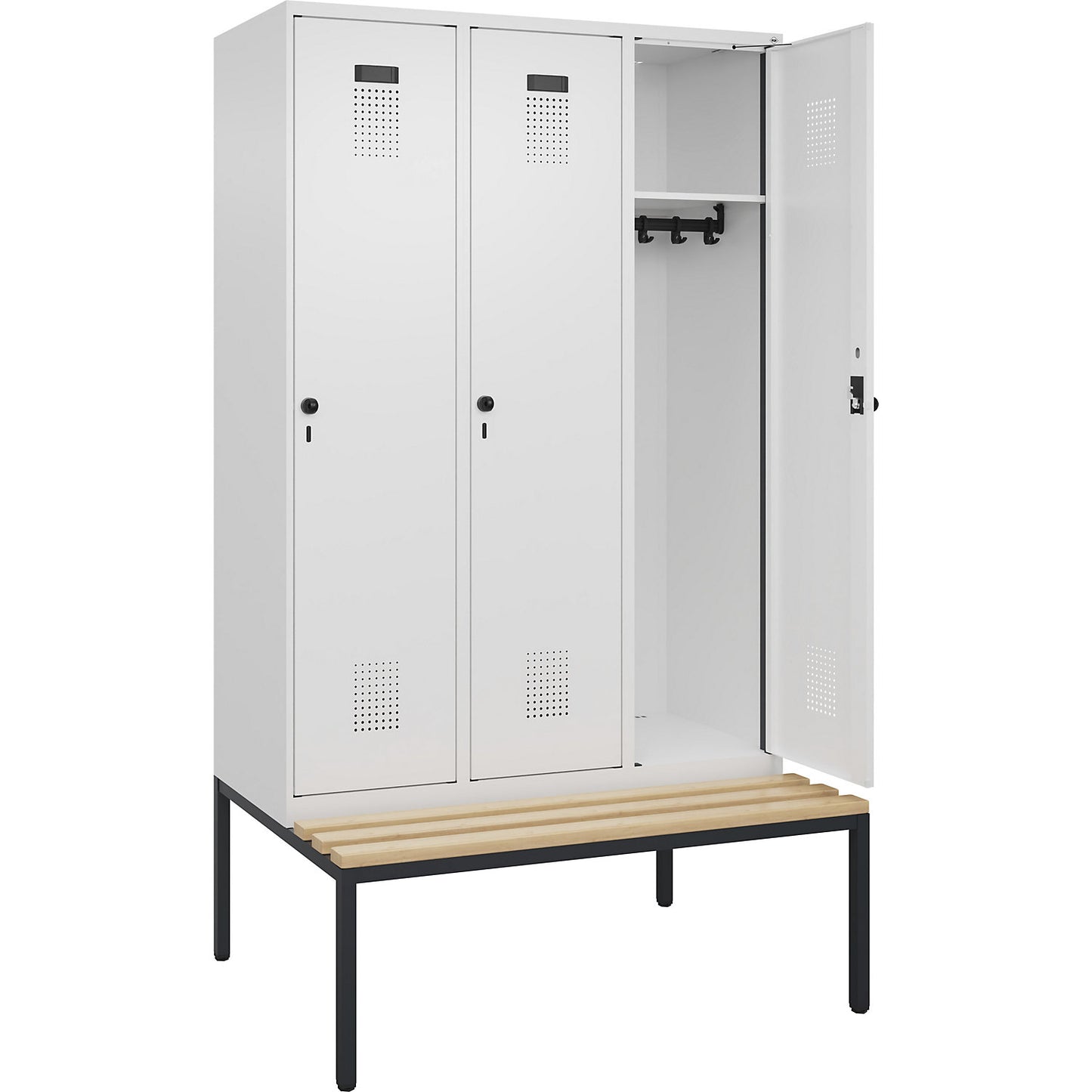 Evolo PLUS bench seat locker, 3 compartments, white, W 1200 mm, security rotary bolt, with bench fitted below, beech.