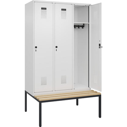 Evolo PLUS bench seat locker, 3 compartments, white, W 1200 mm, security rotary bolt, with bench fitted below, beech.