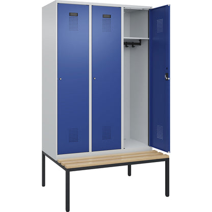 Evolo PLUS bench seat locker, 3 compartments, light grey / gentian blue, W 1200 mm, cylinder lock, with bench fitted below, beech.