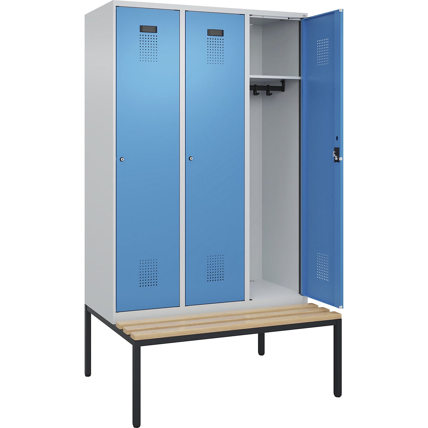 Evolo PLUS bench seat locker, 3 compartments, light grey / light blue, W 1200 mm, cylinder lock, with bench fitted below, beech.