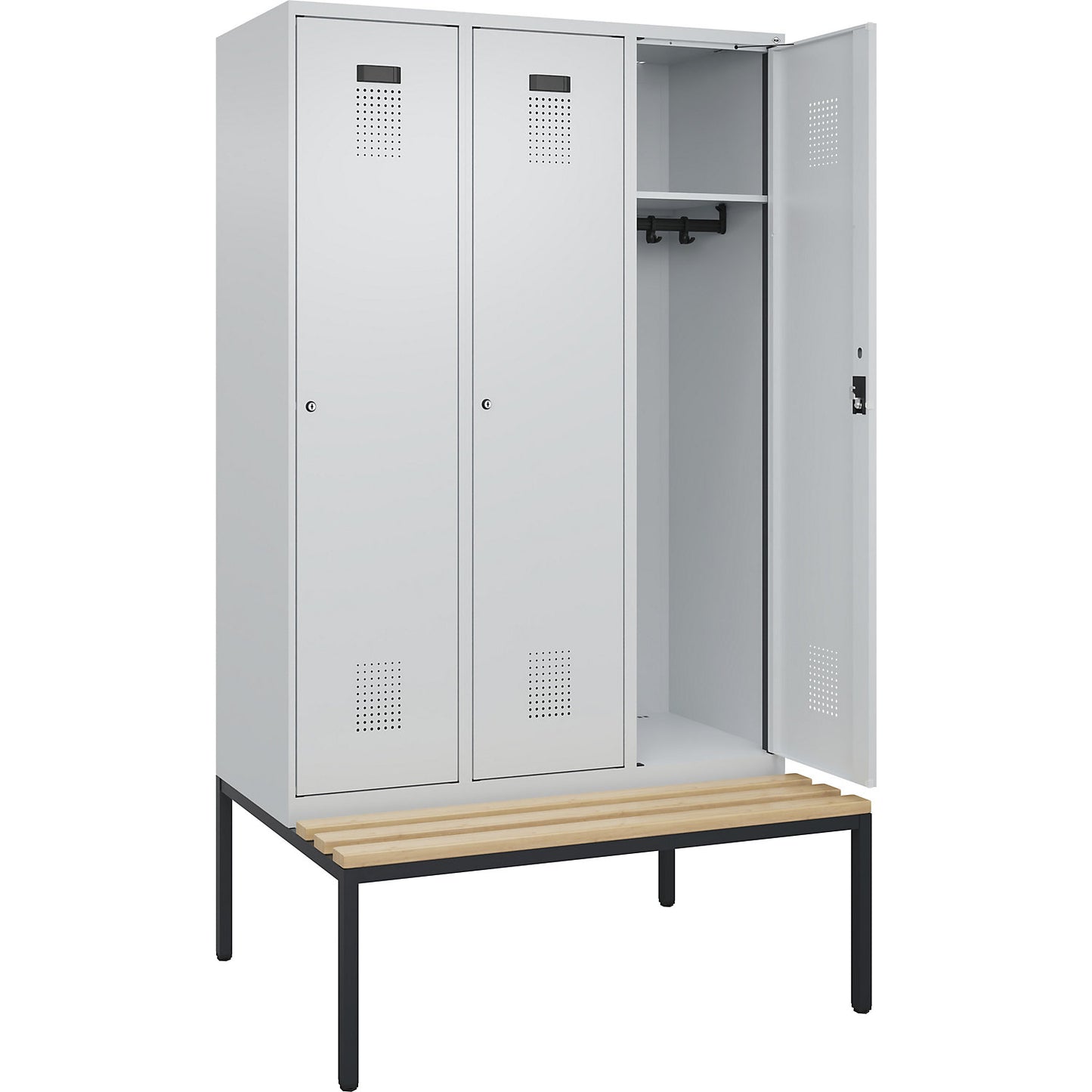 Evolo PLUS bench seat locker, 3 compartments, light grey / light grey, W 1200 mm, cylinder lock, with bench fitted below, beech.