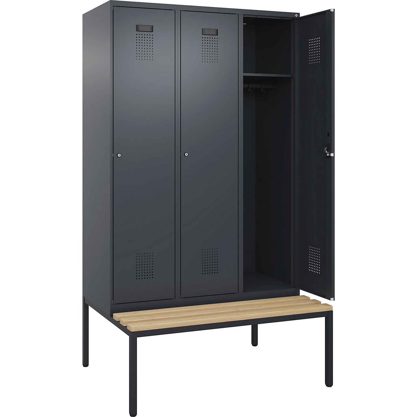 Evolo PLUS bench seat locker, 3 compartments, grey, W 1200 mm, cylinder lock, with bench fitted below, beech.