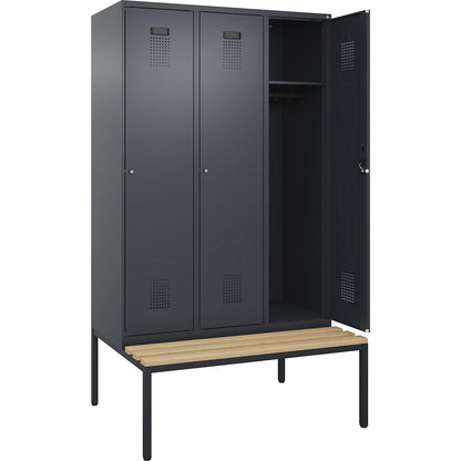 Evolo PLUS bench seat locker, 3 compartments, grey, W 1200 mm, cylinder lock, with bench fitted below, beech.