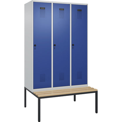 Evolo PLUS clean and dirty bench seat clothes locker, narrow, 3 compartments, shortened centre divider, light grey / gentian blue, W 1200 mm, security rotary bolt, with bench fitted below, beech.