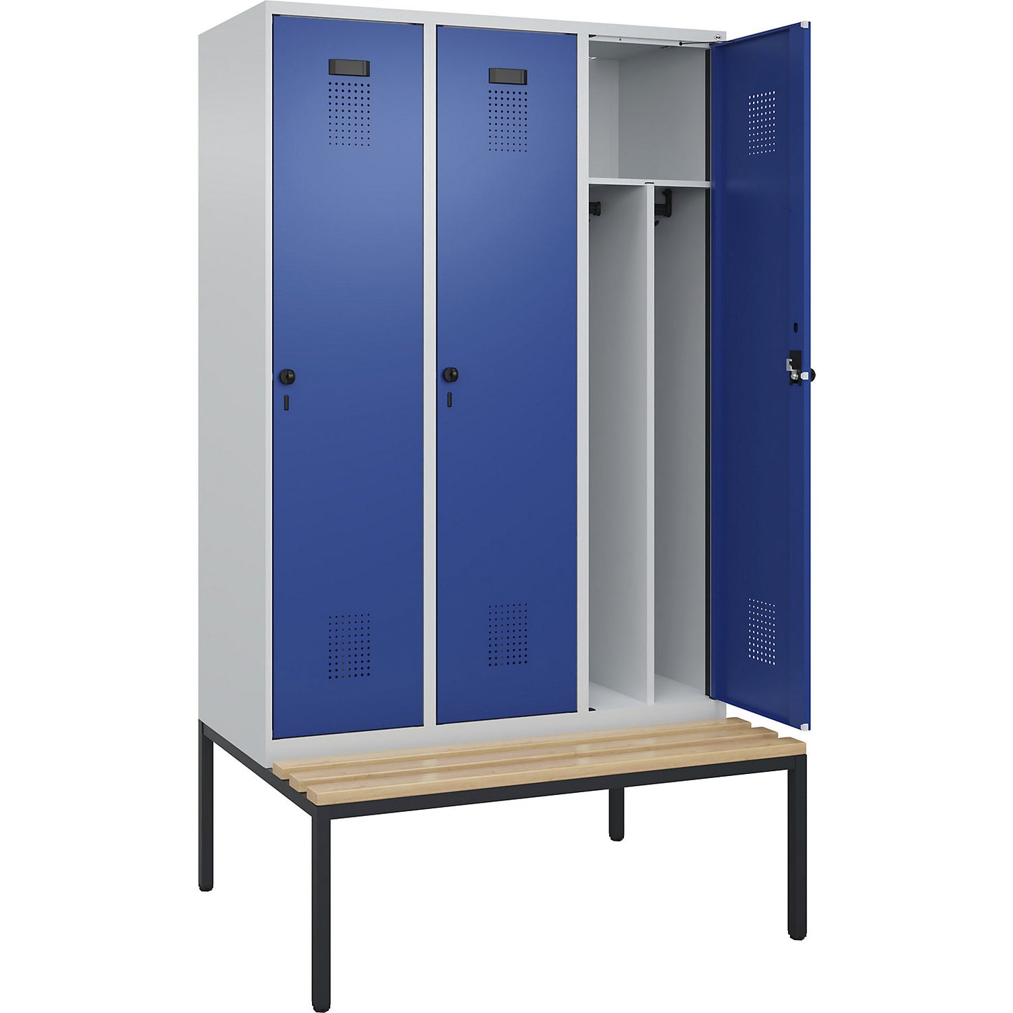 Evolo PLUS clean and dirty bench seat clothes locker, narrow, 3 compartments, shortened centre divider, light grey / gentian blue, W 1200 mm, security rotary bolt, with bench fitted below, beech.