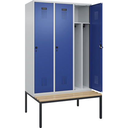 Evolo PLUS clean and dirty bench seat clothes locker, narrow, 3 compartments, shortened centre divider, light grey / gentian blue, W 1200 mm, security rotary bolt, with bench fitted below, beech.